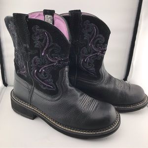 Womens Ariat Fatbaby round toe mid calf embroidered suede leather black boots 7B